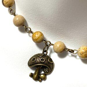 Genuine Yellow Picture Jasper Short Necklace, Bronze Round Mushroom + Gemstone
